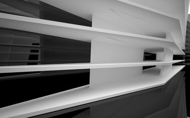 Obraz premium Abstract white interior of the future, with glossy black wall and floor. 3D illustration and rendering