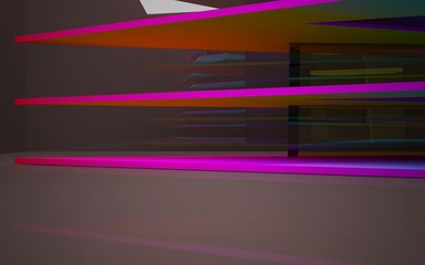 Abstract white and colored gradient interior of the future, with glossy brown wall and floor. 3D illustration and rendering