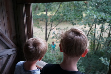 2 boys looking down from tree house to scolding grandmother