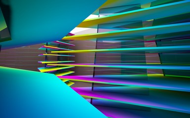 Obraz premium Abstract white and colored gradient interior of the future, with glossy brown wall and floor. 3D illustration and rendering
