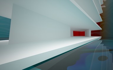 Abstract white interior of the future, with glossy gradient colored water wall and floor. 3D illustration and rendering