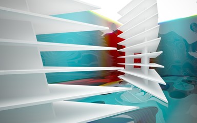 Abstract white interior of the future, with glossy gradient colored water wall and floor. 3D illustration and rendering