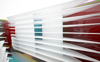 Abstract white interior of the future, with glossy gradient colored water wall and floor. 3D illustration and rendering