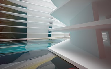 Fototapeta premium Abstract white interior of the future, with glossy gradient colored water wall and floor. 3D illustration and rendering