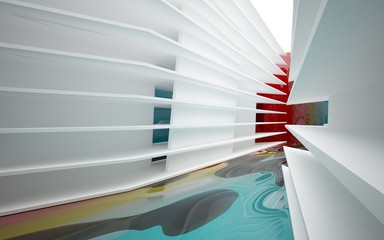 Abstract white interior of the future, with glossy gradient colored water wall and floor. 3D illustration and rendering