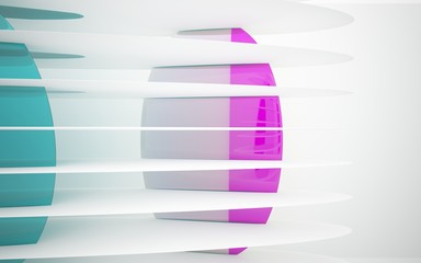 White smooth abstract architectural background whith colored gradient lines . 3D illustration and rendering