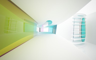 White smooth abstract architectural background whith colored gradient lines . 3D illustration and rendering