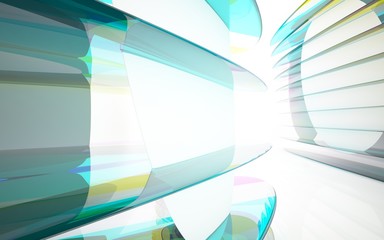 abstract architectural interior with colored smooth glass sculpture. 3D illustration and rendering