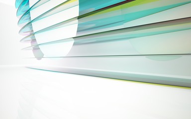 abstract architectural interior with colored smooth glass sculpture. 3D illustration and rendering