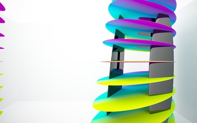 abstract architectural interior with colored smooth sculpture. 3D illustration and rendering