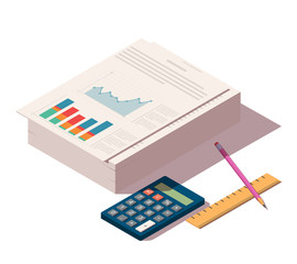 Heap of documents with pencil, ruler and calculator. Low Poly isometric vector illustration