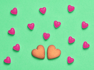 Cookies Hearts, Candies Sweets. Valentines Day. Love set. Trendy fashion Style. Layout. Cookies Couple on pink hearts background. Love, Fun Romantic style, Minimal. Art