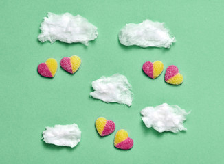 Candies Sweets Hearts, Couple in Clouds. Valentines Day. Love set. Trendy fashion Style. Pink hearts green background. Love, Fun Romantic style. Minimal. Art