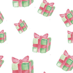 Seamless pattern watercolor  gift boxes with ribbon bow, hand drawn isolated on a white background
