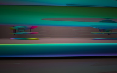 Abstract dynamic interior with colored gradient smooth objects and brown room . 3D illustration and rendering
