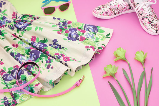 Fashion woman clothes accessories set. Elegant spring summer female style. Trendy floral dress, hipster sneakers, flowers. Creative design fashionable outfit