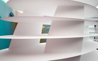 Abstract dynamic interior with white smooth objects and gradient colored wave room . 3D illustration and rendering