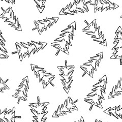 Hand drawn Christmas tree background. Doodle ink seamless pattern for New Year
