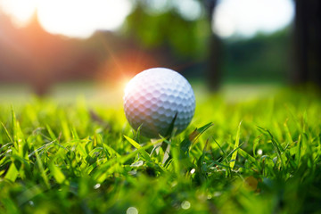 Golf ball on tee in beautiful golf course at sunset background.