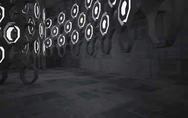Empty dark abstract concrete room interior. Architectural background. Night view of the illuminated. 3D illustration and rendering