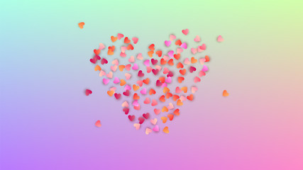 Love Background. Many Random Falling Pink Hearts on Hologram Backdrop. Banner Template. Heart Confetti Pattern. Vector Love Background.