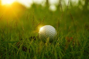 Blurred golf ball on tee in beautiful golf course at sunset background.