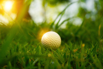 Blurred golf ball on tee in beautiful golf course at sunset background.