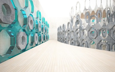Abstract interior of concrete, wood and blue glass. Architectural background. 3D illustration and rendering 
