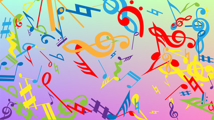 Disco Background. Many Random Falling Notes, Bass and, Treble Clef. Colorful Musical Notes Symbol Falling on Hologram Background. Disco Vector Template with Musical Symbols.