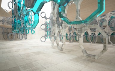 Abstract interior of concrete, wood and blue glass. Architectural background. 3D illustration and rendering 
