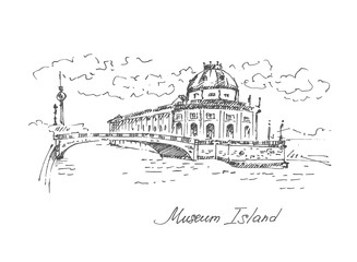 Hand drawn Museum Island in Berlin, German parliament. Berlin landmark, Germany. Vector illustration. Sketch. Vector. © bekkersara
