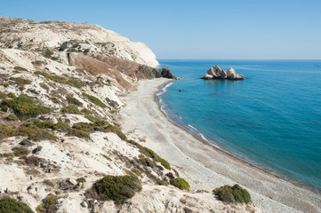 Fototapeta na wymiar Cyprus boulder stone beach and rocks