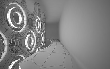 Abstract white interior highlights future. Polygon black drawing. Architectural background. 3D illustration and rendering