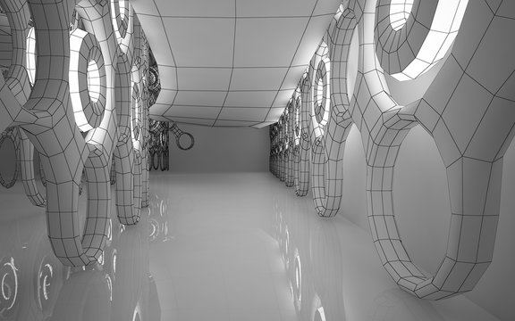 Abstract white interior highlights future. Polygon black drawing. Architectural background. 3D illustration and rendering