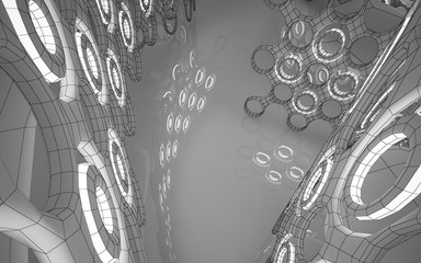 Abstract white interior highlights future. Polygon black drawing. Architectural background. 3D illustration and rendering