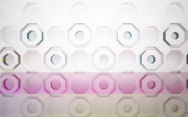 abstract architectural interior with white sculpture and geometric gradient glass box. 3D illustration and rendering