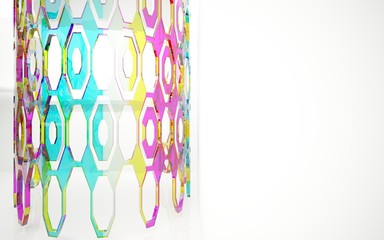 abstract architectural interior with gradient geometric glass sculpture. 3D illustration and rendering