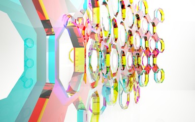 abstract architectural interior with gradient geometric glass sculpture. 3D illustration and rendering