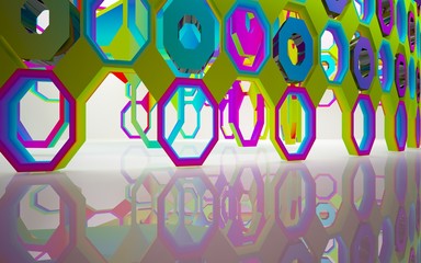Abstract dynamic interior with gradient colored objects. 3D illustration and rendering