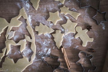 Christmas cookies preparation. Cookies cutter, dough for cookies and rolling pin on the kitchen...
