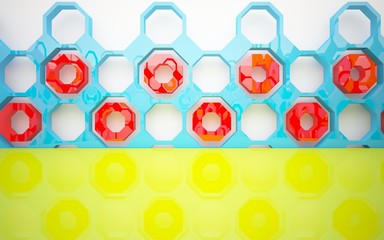 abstract architectural interior with gradient geometric glass sculpture. 3D illustration and rendering