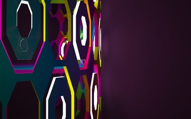 Abstract interior of the future in a minimalist style with gradient colored sculpture. Night view . Architectural background. 3D illustration and rendering