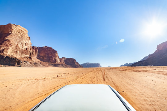 Jeep Tour on Red desert of Wadi Rum in Jordan. Off road ride.