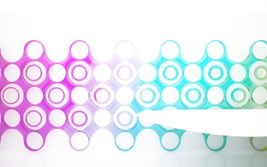 abstract architectural interior with colored smooth glass sculpture. 3D illustration and rendering