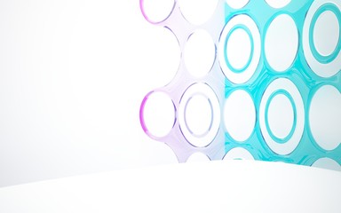 abstract architectural interior with colored smooth glass sculpture. 3D illustration and rendering