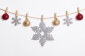 Christmas Decoration Hanging with Robe on White Background.Flat Lay,Top View