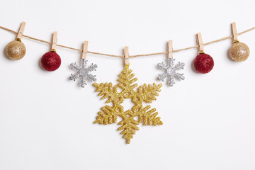 Christmas Decoration Hanging with Robe on White Background.Flat Lay,Top View