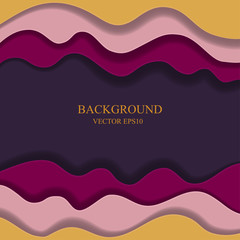 Colored paper waves, abstract, geometric background texture  layers of depth in shades of purple, pink and orange. Paper cut style. Vector illustration.