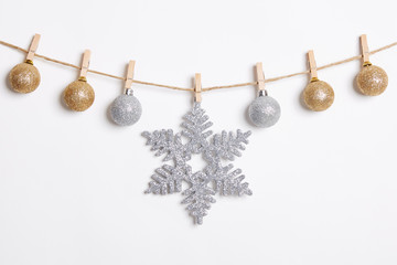 Christmas Decoration Hanging with Robe on White Background.Flat Lay,Top View