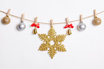 Christmas Decoration Hanging with Robe on White Background.Flat Lay,Top View